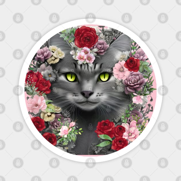 Beautiful Floral Gray Cat Magnet by Hypnotic Highs